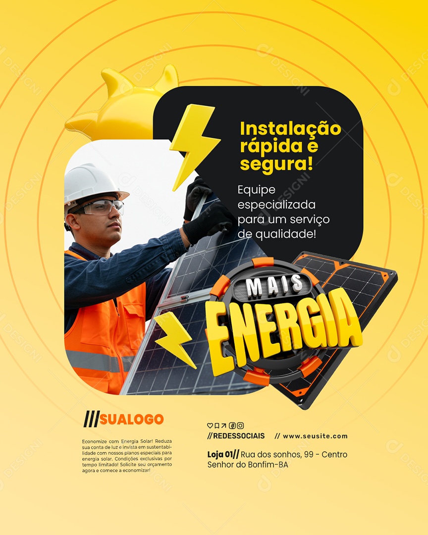 Energia Solar Mais Energia Instalação Rápida Social Media PSD Editável