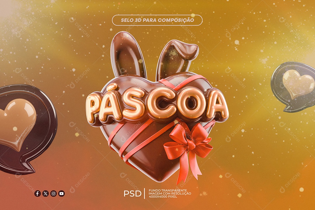 Selo 3D Coração de Páscoa Para Composição PSD