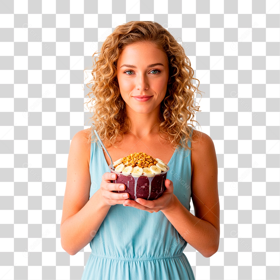 Mulher com Pote de Açaí PNG Transparente