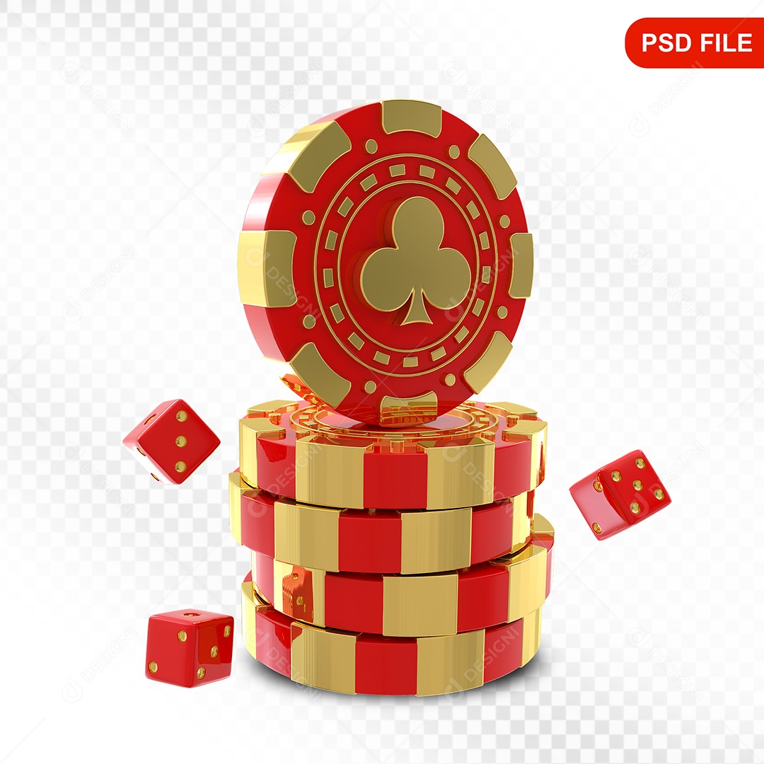 Elemento 3D Fichas de Pôquer Vermelho Dourado para Composição PSD