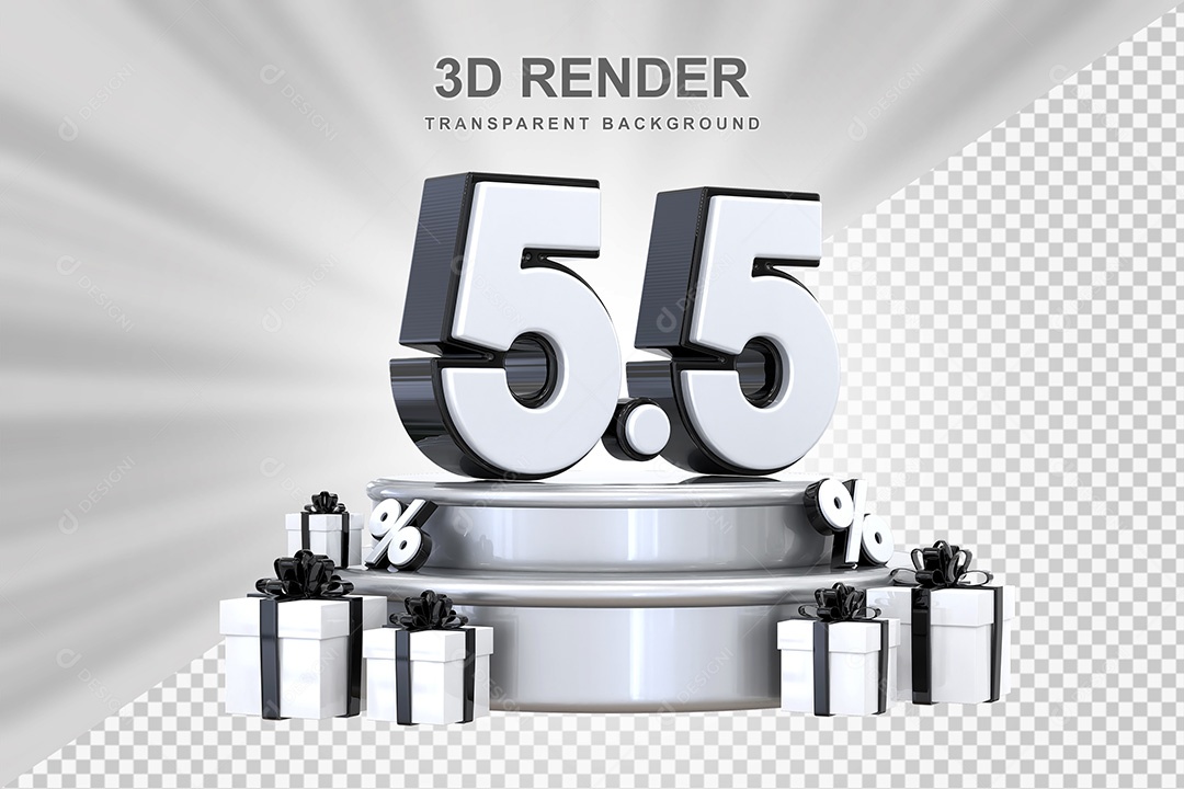 Elemento 3D Número 5 5 Preto e Branco para Composição PSD