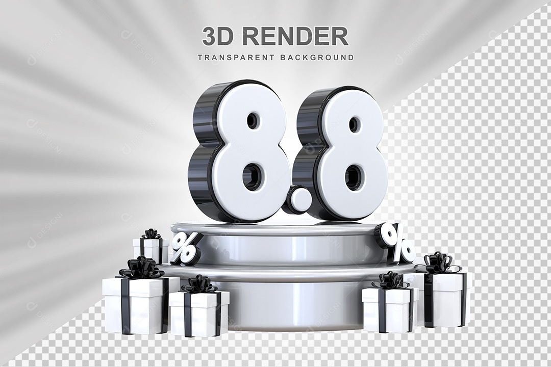 Elemento 3D Número 8 8 Preto e Branco para Composição PSD