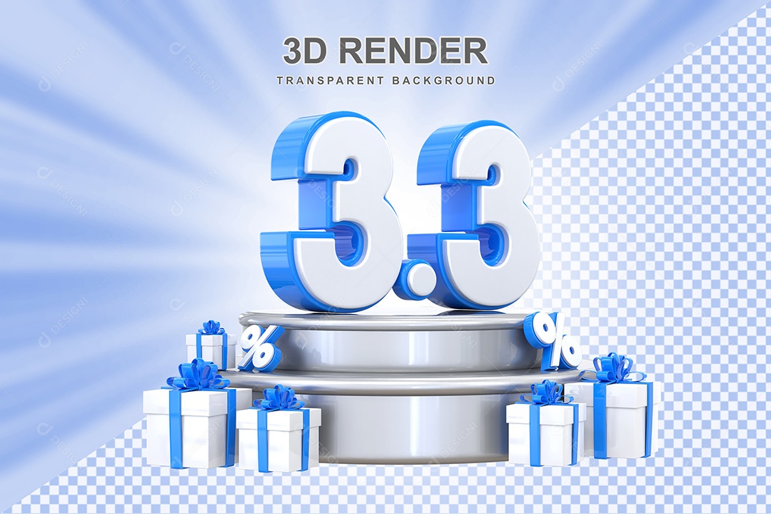 Elemento 3D Número 3 3 Azul e Branco para Composição PSD