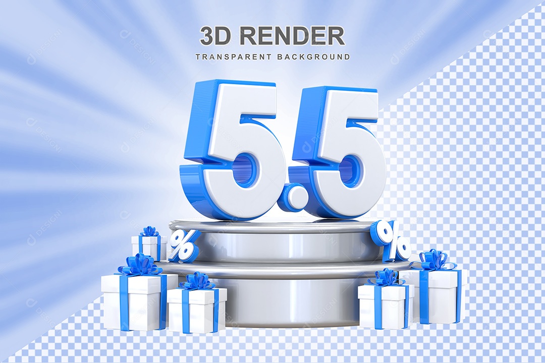 Elemento 3D Número 5 5 Azul e Branco para Composição PSD