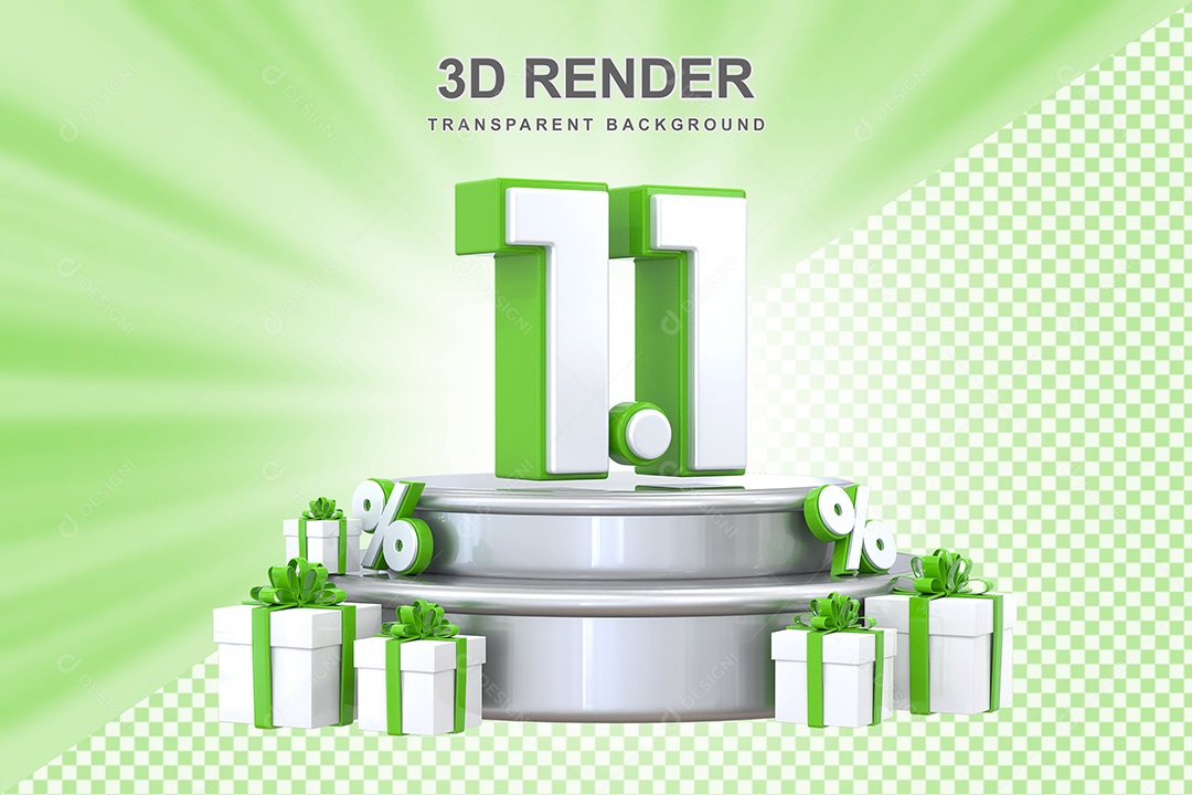 Elemento 3D Número 1 1  Verde e Branco para Composição PSD