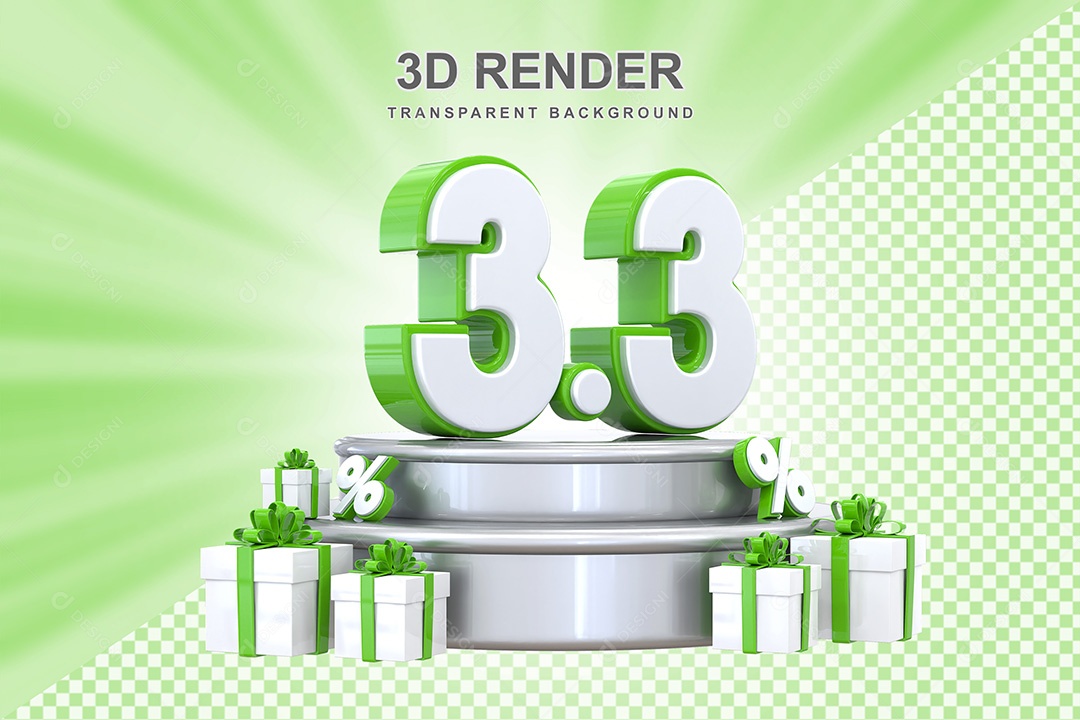 Elemento 3D Número 3 3 Verde e Branco para Composição PSD