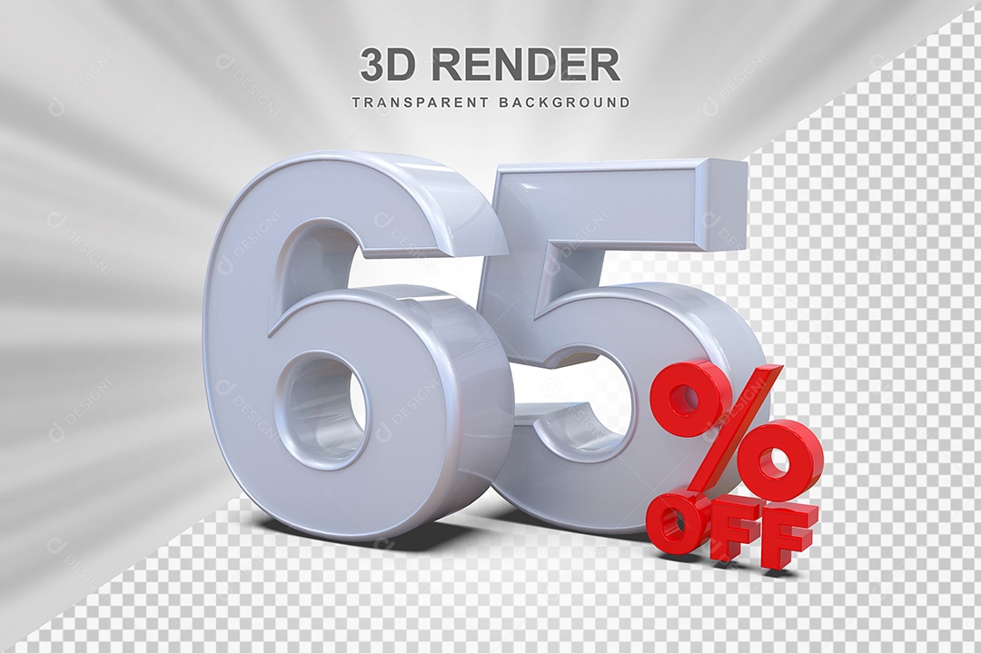 Elemento 3D Número 65% OFF Branco e Vermelho para Composição PSD