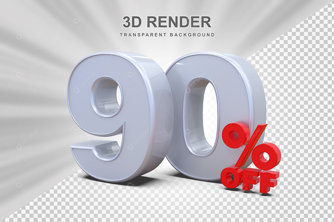 Elemento 3D Número 90% OFF Branco e Vermelho para Composição PSD