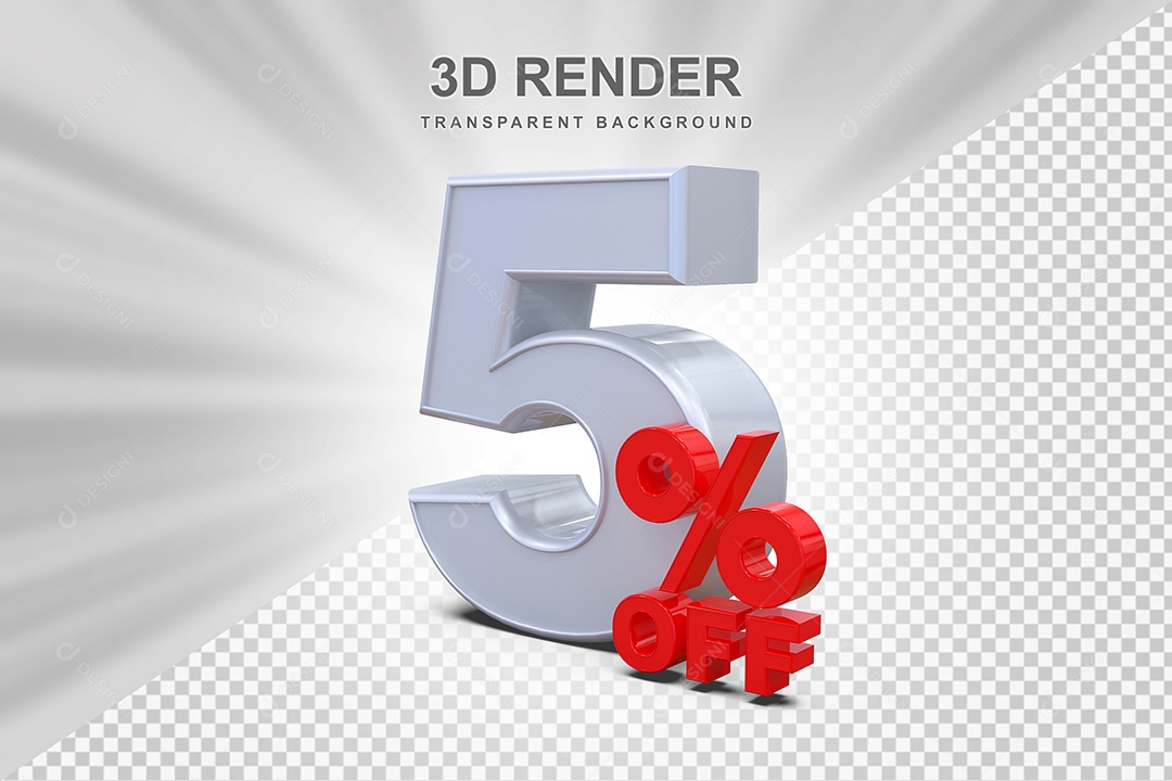 Elemento 3D Número 5% OFF Branco e Vermelho para Composição PSD
