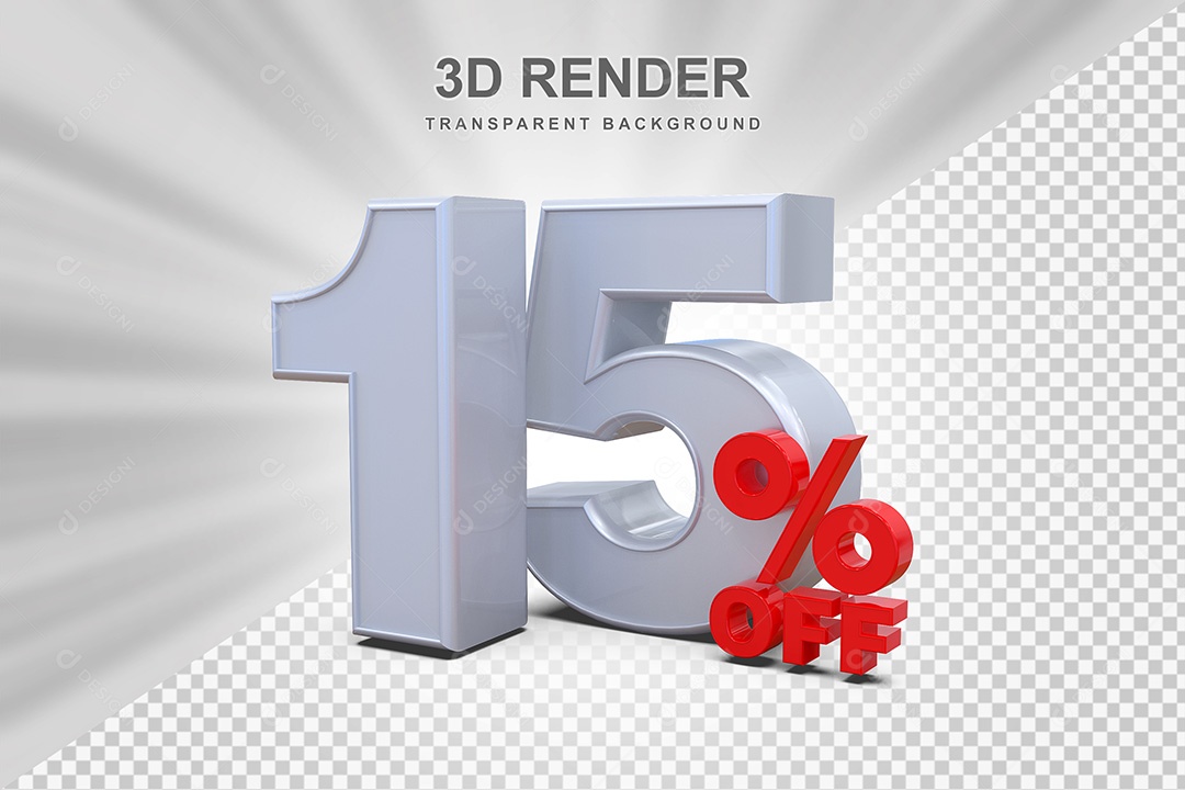 Elemento 3D Número 15% OFF Branco e Vermelho para Composição PSD