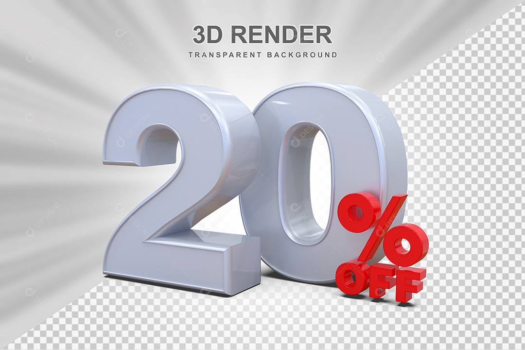 Elemento 3D Número 20% OFF Branco e Vermelho para Composição PSD