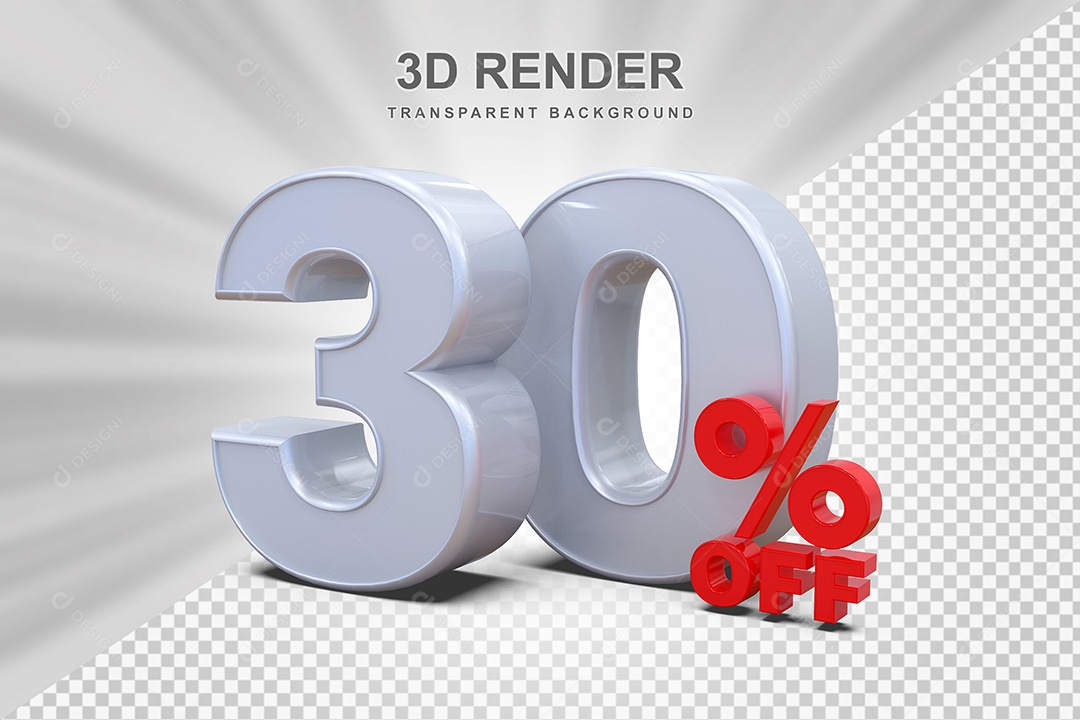 Elemento 3D Número 30% OFF Branco e Vermelho para Composição PSD