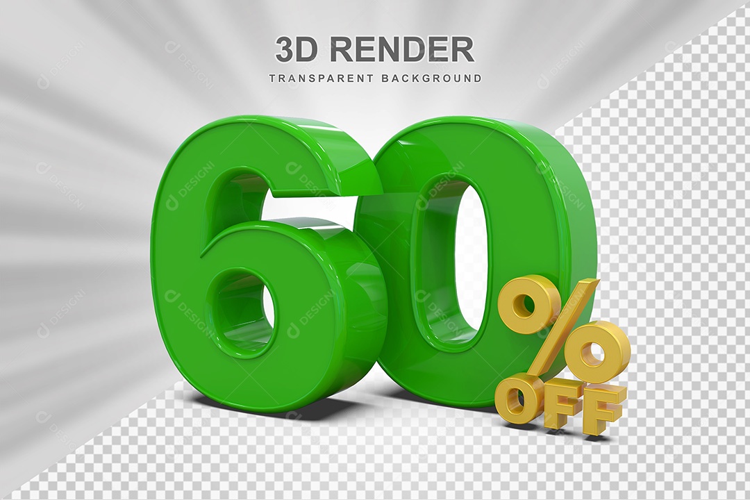 Elemento 3D Número 60% OFF Verde e Amarelo para Composição PSD
