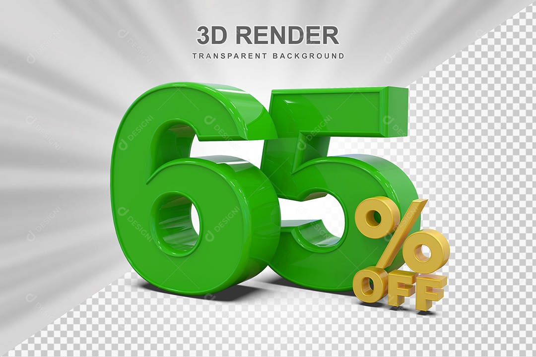 Elemento 3D Número 65% OFF Verde e Amarelo para Composição PSD