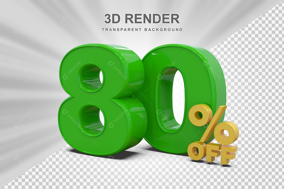 Elemento 3D Número 80% OFF Verde e Amarelo para Composição PSD