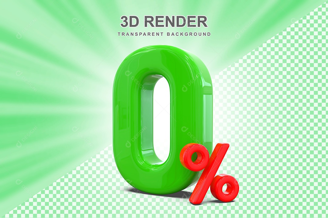 Elemento 3D Número 0% Verde e Vermelho para Composição PSD