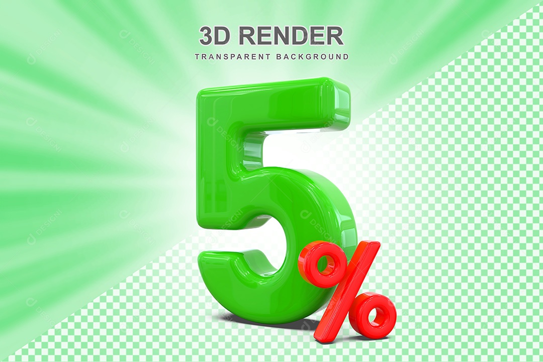 Elemento 3D Número 5% Verde e Vermelho para Composição PSD