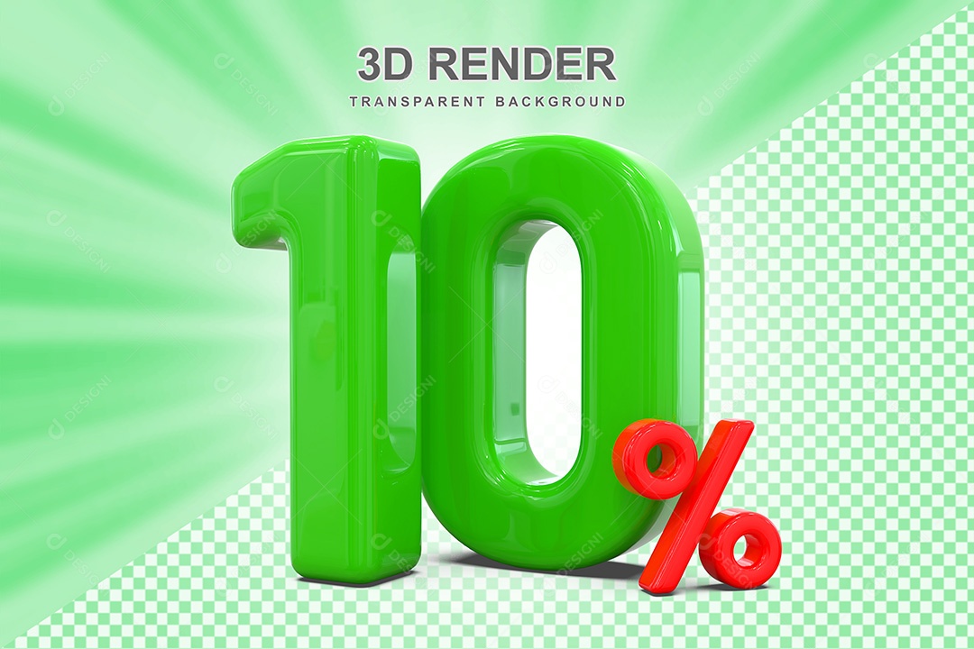 Elemento 3D Número 10% Verde e Vermelho para Composição PSD