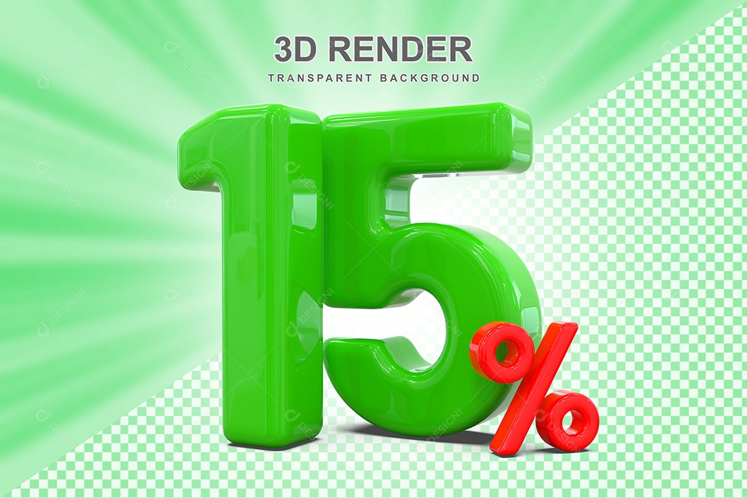 Elemento 3D Número 15% Verde e Vermelho para Composição PSD