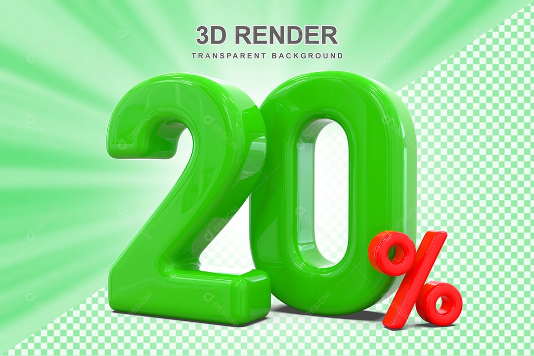 Elemento 3D Número 20% Verde e Vermelho para Composição PSD