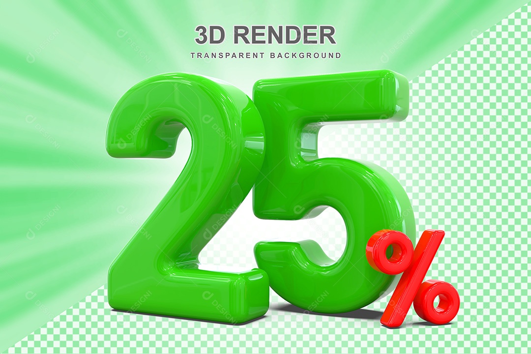 Elemento 3D Número 25% Verde e Vermelho para Composição PSD