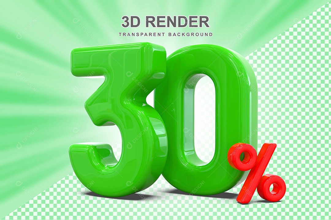 Elemento 3D Número 30% Verde e Vermelho para Composição PSD