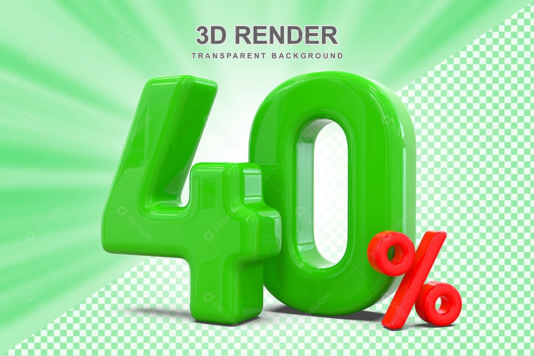 Elemento 3D Número 40% Verde e Vermelho para Composição PSD
