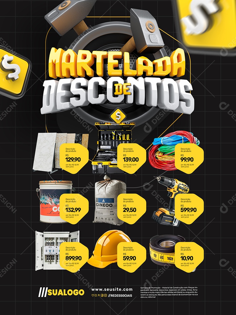Martelada de Descontos Encarte Pisos Ferramentas Fios Social Media PSD Editável