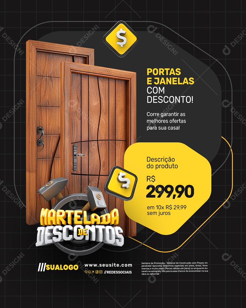 Martelada de Descontos Portas e Janelas com Desconto Social Media PSD Editável