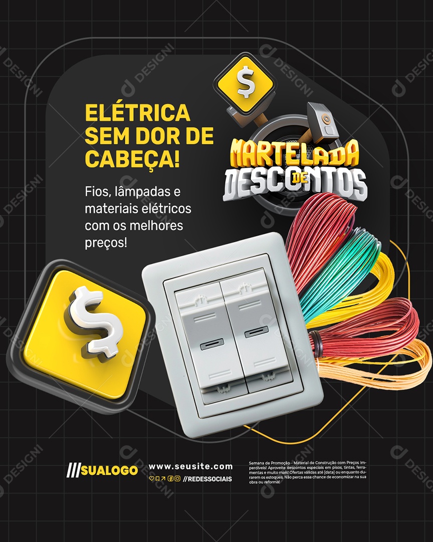 Martelada de Descontos Elétrica Sem Dor de Cabeça Social Media PSD Editável