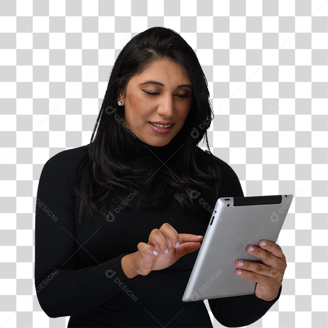 Mulher Morena Segurando Tablet PNG Transparente