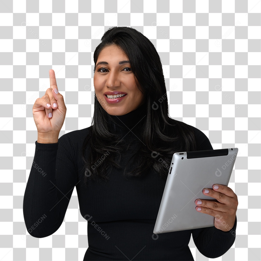 Mulher Morena Segurando Tablet PNG Transparente