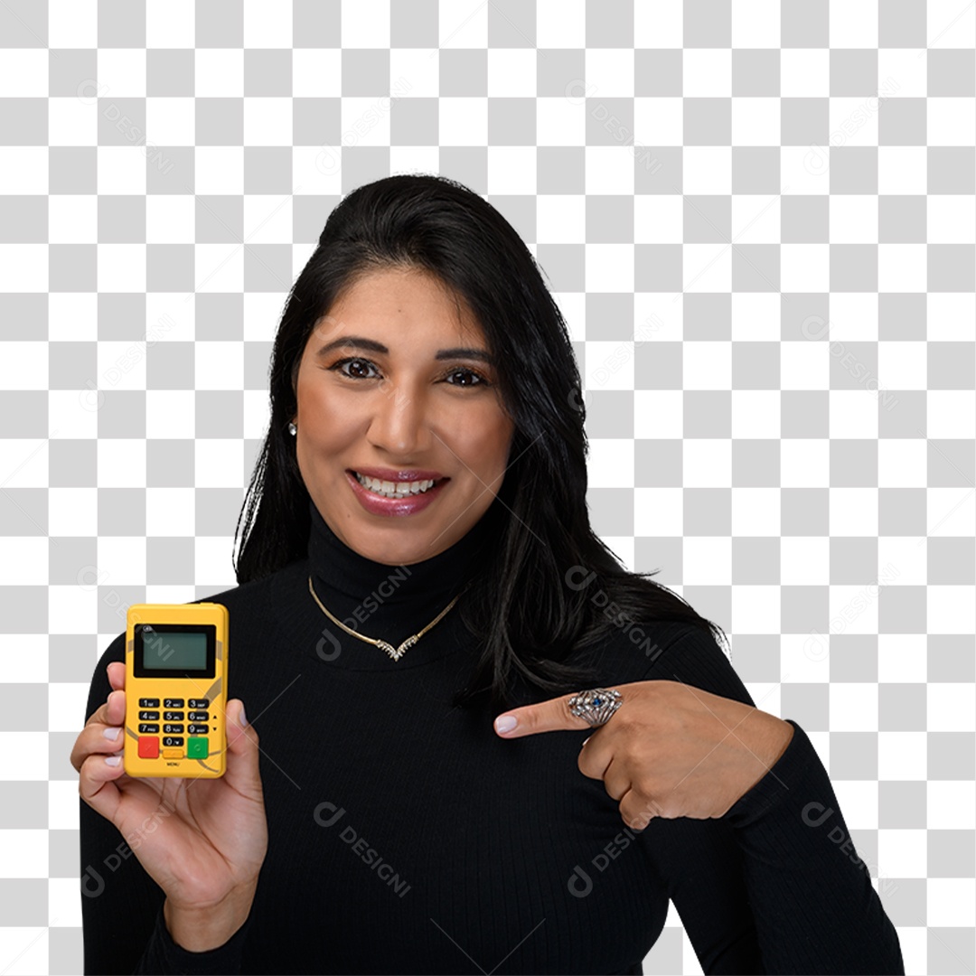 Mulher Morena Segurando Maquina de Cartão PNG Transparente