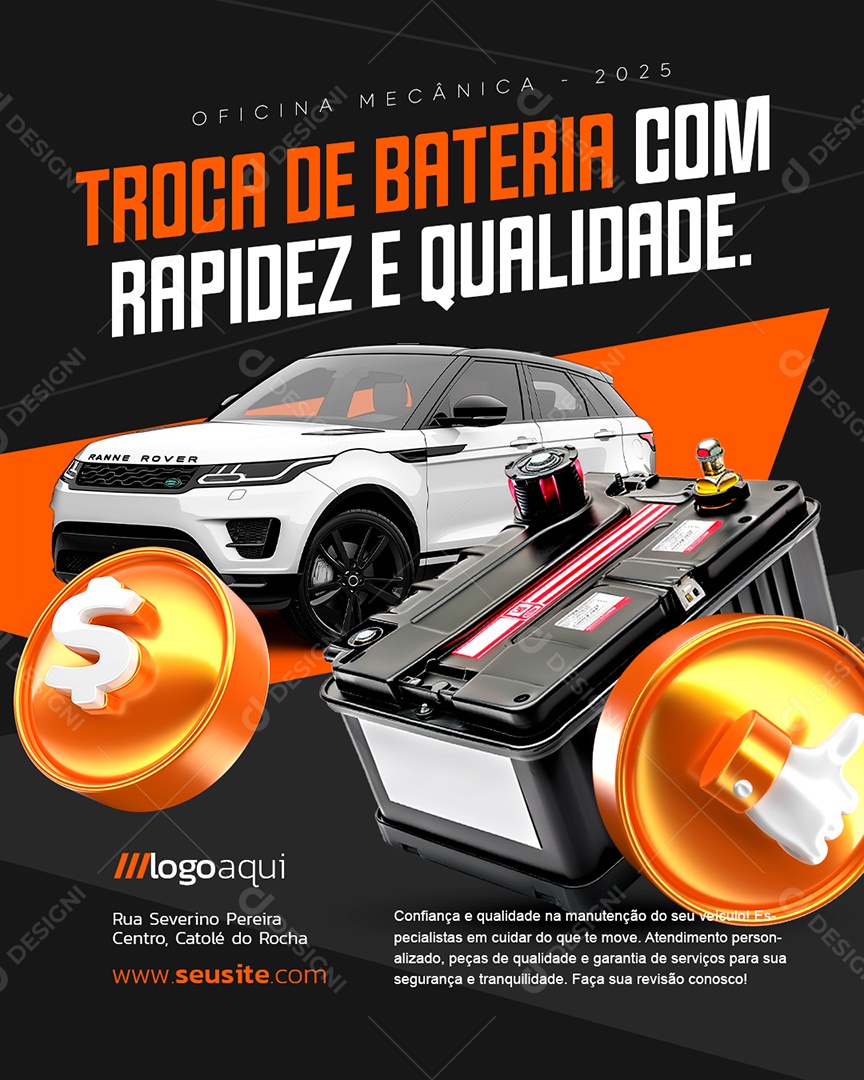 Oficina Mecânica Troca De Bateria com Rapidez e Qualidade Social Media PSD Editável