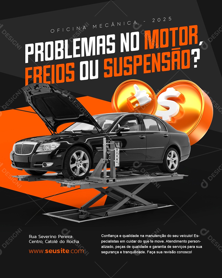 Oficina Mecânica Problemas no Motor Freios ou Suspensão Social Media PSD Editável