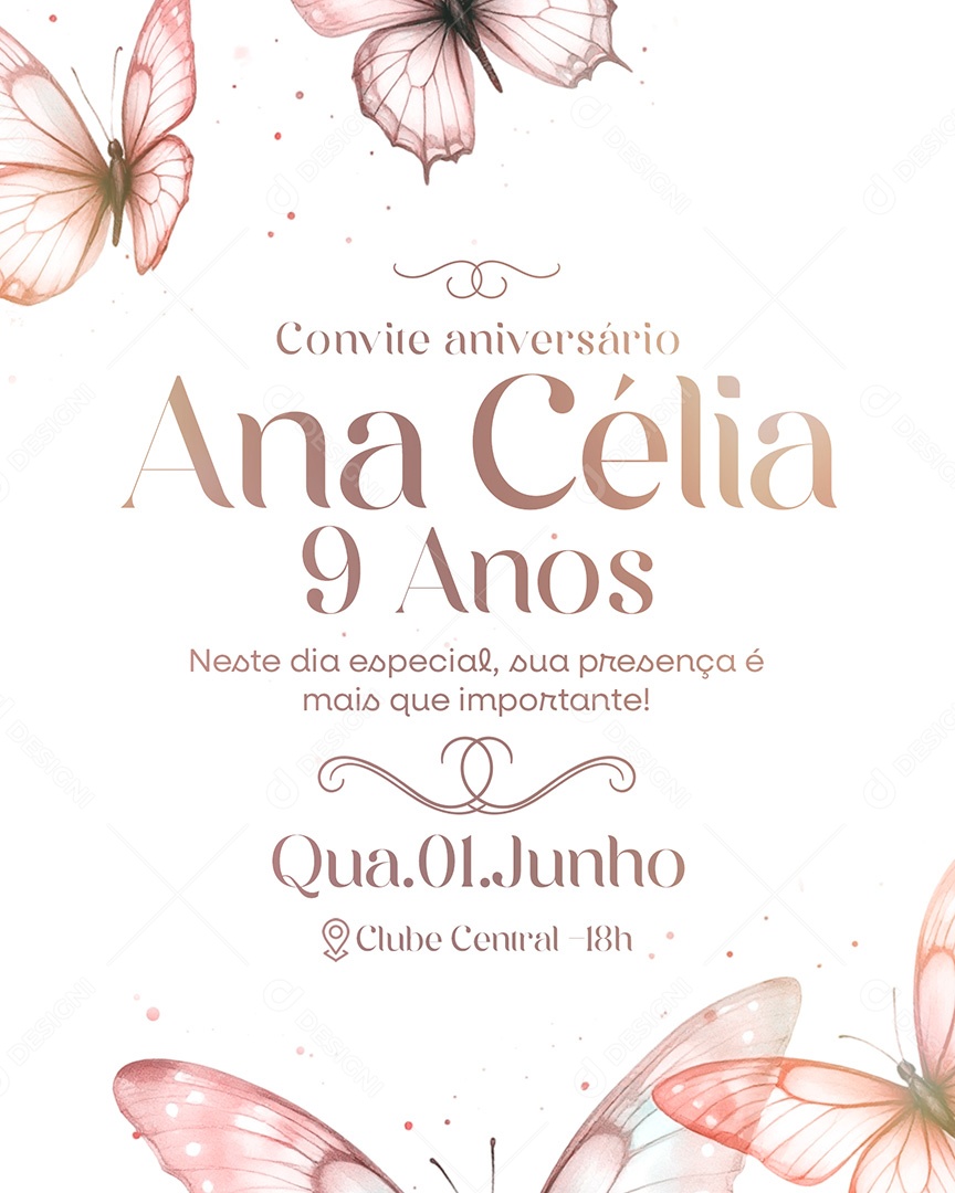 Convite de Aniversário Ana Célia 9 Anos Social Media PSD Editável