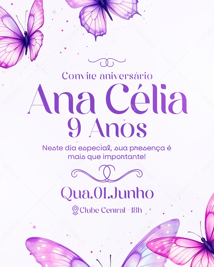 Convite de Aniversário Ana Célia 9 Anos Social Media PSD Editável