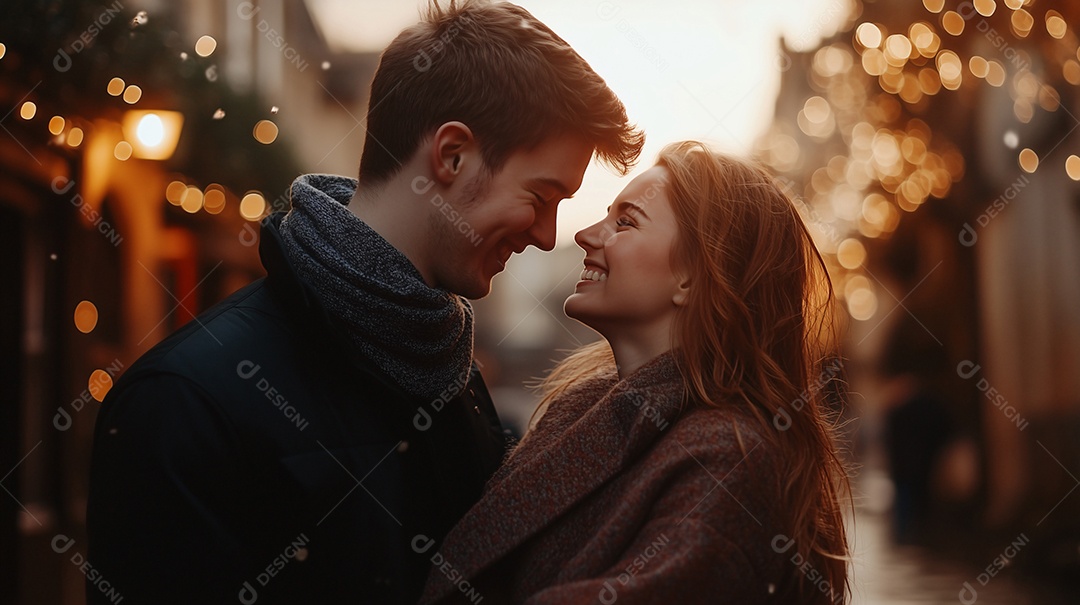 Um lindo casal felizes abraçados e se divertindo em passeio