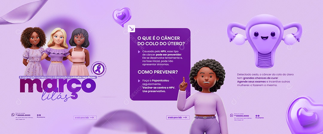 Carrossel Março Lilás Mês de Conscientização Social Media PSD Editável