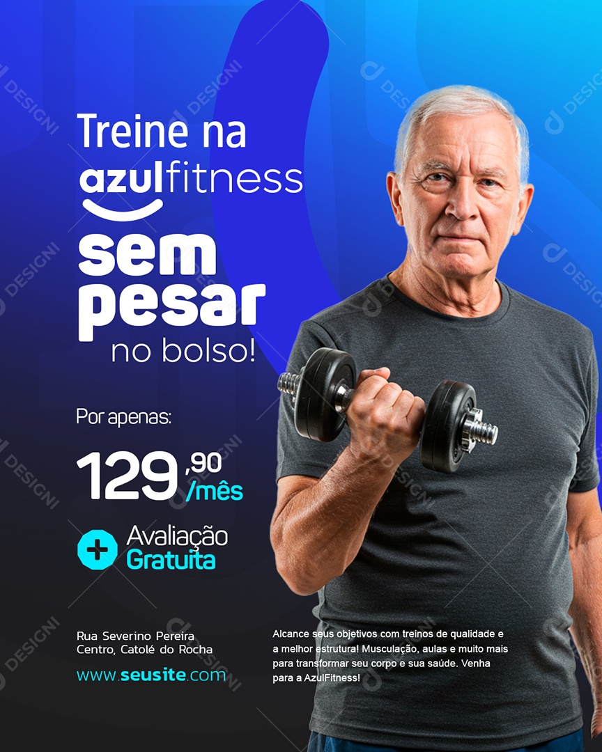Academia Treine na Azul Fitness Sem Pesar no Bolso Social Media PSD Editável