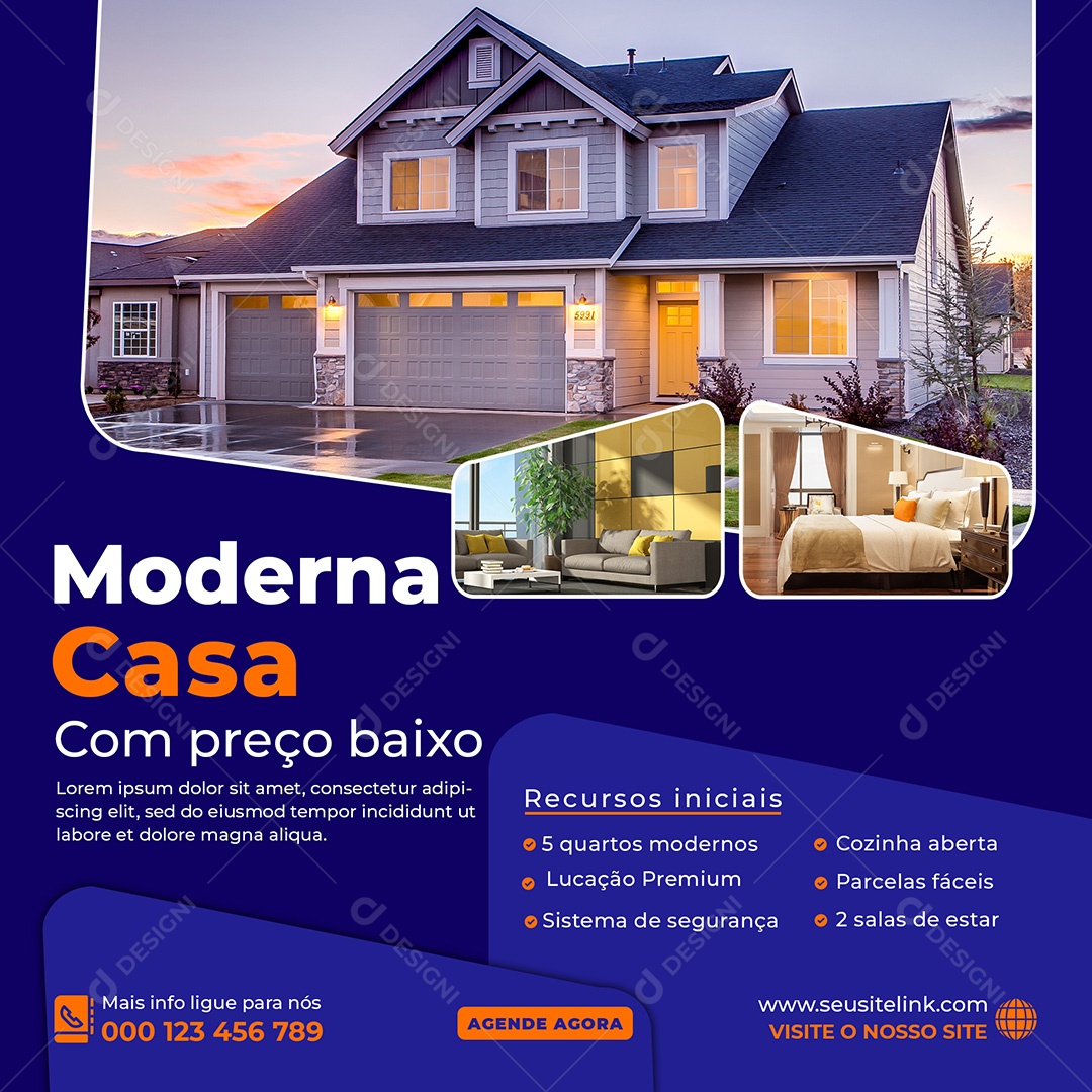 Imobiliária Casa Moderna à Venda Social Media PSD Editável