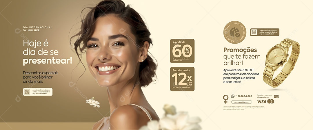 Carrossel Dia Internacional Das Mulheres 08 de Março Promoções de relógio Social Media PSD Editável