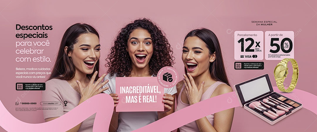 Banner Dia Internacional Das Mulheres 08 de Março Promoções de Maquiagem Social Media PSD Editável