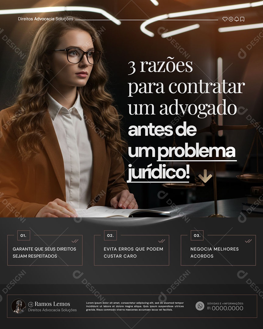 Escritório de Advocacia 3 Razões para Contratar um Advogado Social Media PSD Editável