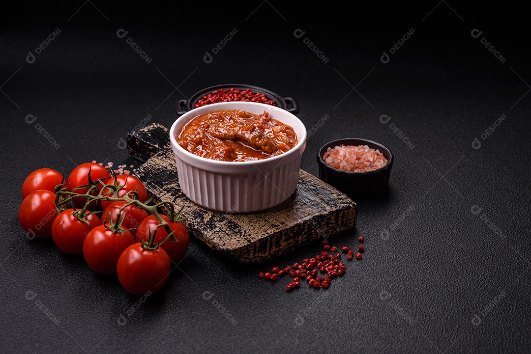 Camarão de cozinha asiática em molho de alho legumes sobre mesa concreto