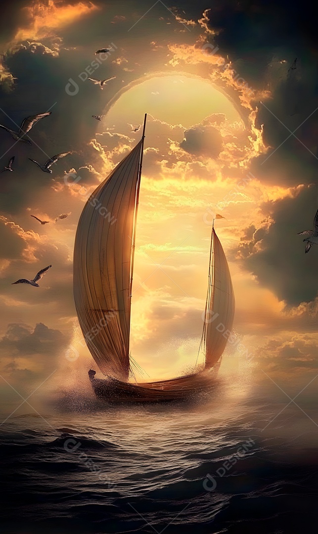 Barco sobre alto mar céu nublado