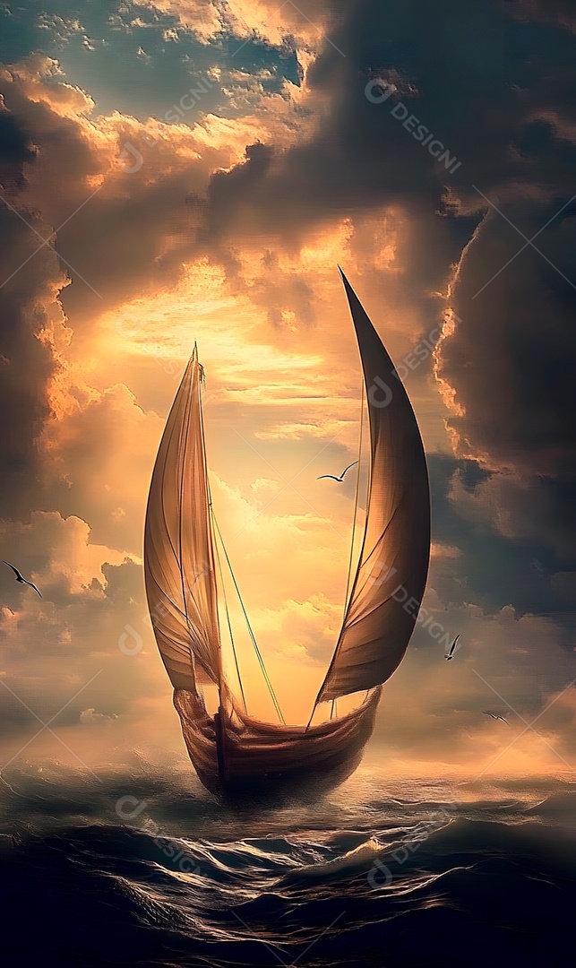 Barco sobre alto mar céu nublado