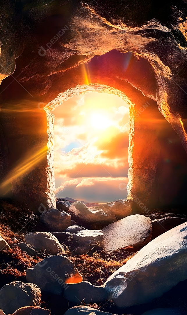 Caverna com abertura de pedra e lindo céu cristão