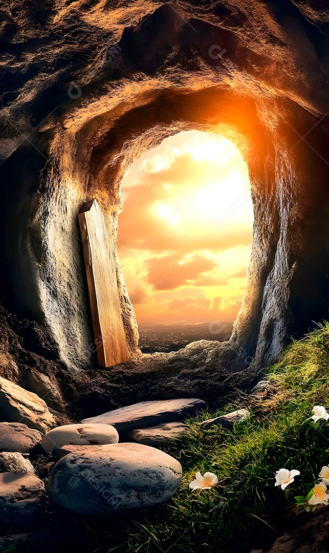 Caverna com abertura de pedra e lindo céu cristão