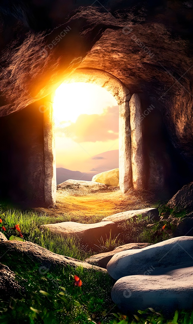 Caverna com abertura de pedra e lindo céu cristão